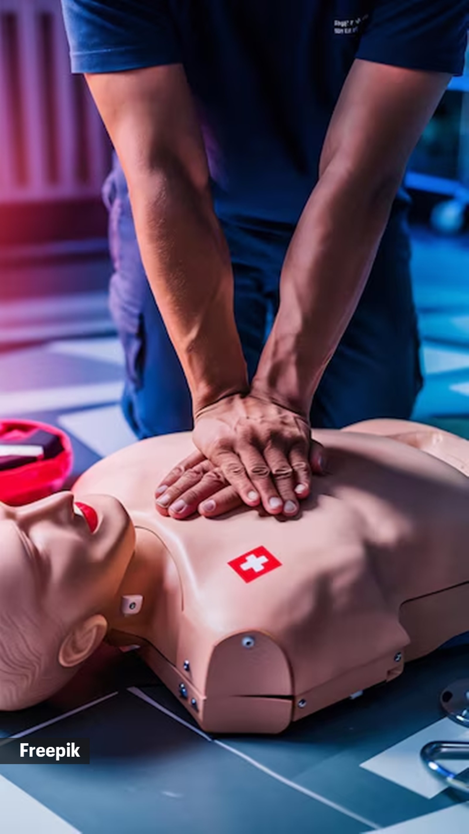 “CPR is performed at a ratio of 30 chest compressions to 2 breaths, at a rate of 100 to 120 compressions per minute.