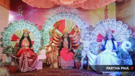 Women in their thirties, portray the goddess at the ‘Live Durga Utsav’ being organised by the Brahma Kumaris.