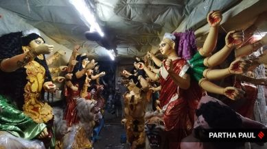 From 12 to 14 feet average height of idol five years back it has come down to average of 7 to 8 feet, say idol makers in Kumartuli, Kolkata. (Express Photo by Partha Paul)