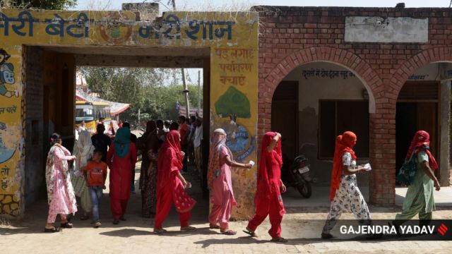 People casting their votes successful  Julana Assembly Constituency during Haryana constituency predetermination  connected  Saturday. Express Photo by Gajendra Yadav,