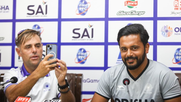 Hockey India Chief Coach Craig Fulton and Captain Harmanpreet Singh during Press Conference a day before 1st game of the PFC India vs Germany Bilateral Hockey Series 2024 at Major Dhyan Chand National Stadium, in New Delhi on Tuesday. EXPRESS PHOTO BY PRAVEEN KHANNA