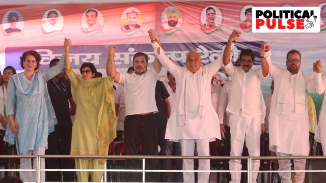 exit polls: Rahul and Priyanka Gandhi with senior Haryana Congress leaders Kumari Selja and Bhupinder Singh Hooda at an election rally. (Express file photo by Kamleshwar Singh)