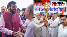 Haryana CM Nayab Saini campaigning for the BJP ahead of the Assembly polls; former CM and Congress leader Bhupinder Singh Hooda at a Jan Aashirwad rally. (Photos: Nayab Saini/ Bhupinder Singh Hooda/ X)