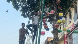 Decoration work underway at a Jaipur market. (Express)