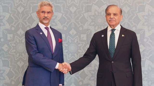 External Affairs Minister S Jaishankar with Pakistan PM Shehbaz Sharif. (Photo: S Jaishankar/ X)