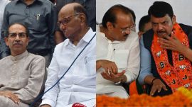 MVA's Uddhav Thackeray and Sharad Pawar (L); Maharashtra deputy CMs Ajit Pawar and Devendra Fadnavis (R). (Express file photos)