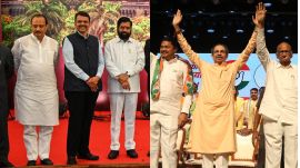 Maharashtra deputy CMs Ajit Pawar and Devendra Fadnavis with CM Eknath Shinde (L); MVA leaders Nana Patole, Uddhav Thackeray and Sharad Pawar (R). (Express file photos)