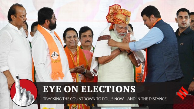 Prime Minister Narendra Modi being felicitated by Maharashtra Deputy CM Devendra Fadnavis, arsenic  CM Eknath Shinde and Deputy CM Ajit Pawar look   on. (Express record  photograph  by Sankhadeep Banerjee)