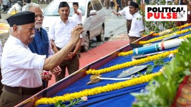 RSS chief Mohan Bhagwat performs 'Shastra Puja' during a function organised on the occasion of Vijayadashami, in Nagpur. (PTI)