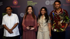 Mumbai: (L-R) Reliance Industries Chairman Mukesh Ambani with his wife and Reliance Foundation Chairperson Nita Ambani, daughter Isha Ambani and son-in-law Anand Piramal poses for pictures during the 'Wildlife Photographer of the Year' exhibition by London's Natural History Museum, in Mumbai, Friday, Oct 4, 2024. (PTI Photo)