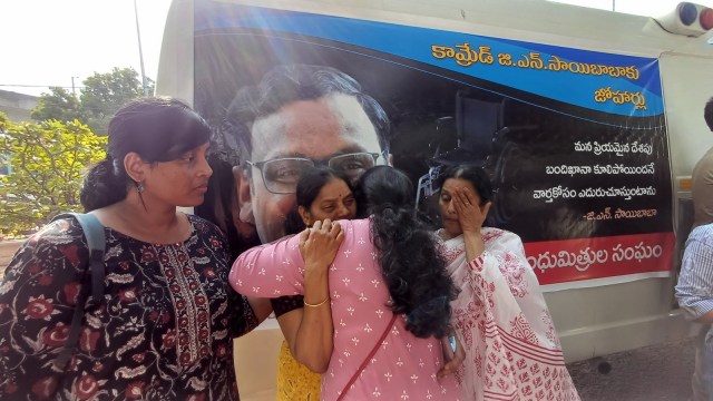 Hundreds gathered to pay tribute at the medical college campus, where G N Saibaba's body was donated for medical research as per his wishes. (Express photo by Rahul V Pisharody)