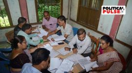 Official of National Register of Citizens (NRC) check the different documents to keep in systematic way in boxes which are submitted by people for National Register of Citizens (NRC) ahead of the release of the final draft of NRC on 31st August 2019 in a NRC Seva Kendra in Guwahati