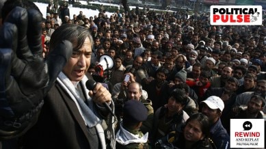 M Y Tarigami addressing supporters at a protest rally against price hike in Srinagar, Kashmir. (Express file photo by Shuaib Masoodi)
