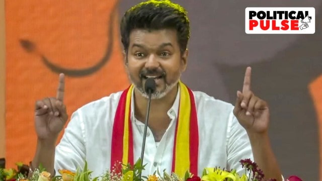 Actor and laminitis  of Tamilaga Vetri Kazhagam Vijay addresses the party's archetypal  governmental  conference, astatine  Vikravandi successful  Villupuram district. (PTI)