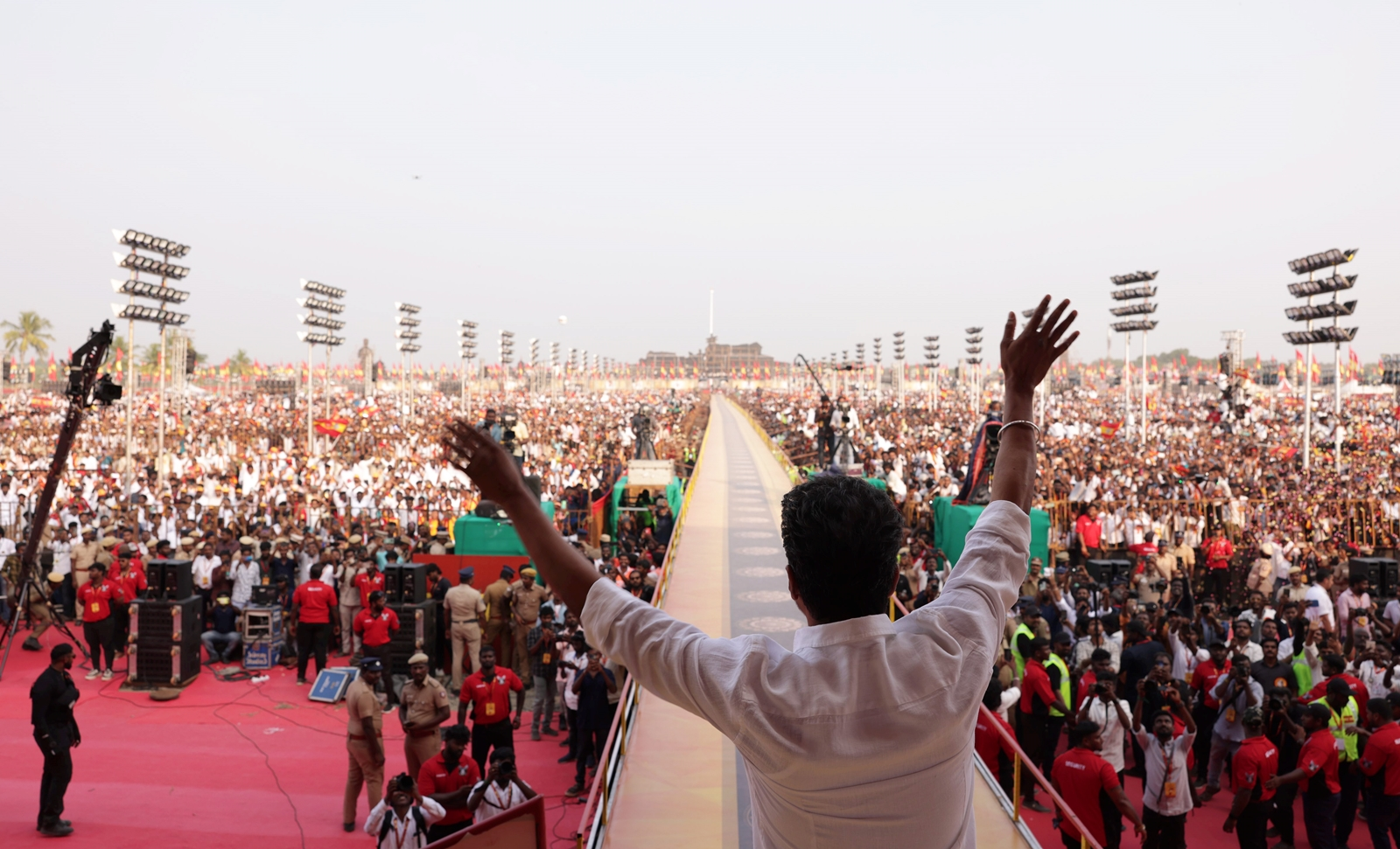 Actor Vijay attends his party's archetypal  governmental  conference, astatine  Vikravandi connected  Sunday. (PTI)