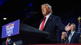 Republican presidential nominee former President Donald Trump speaks at an election night watch party at the Palm Beach Convention Center