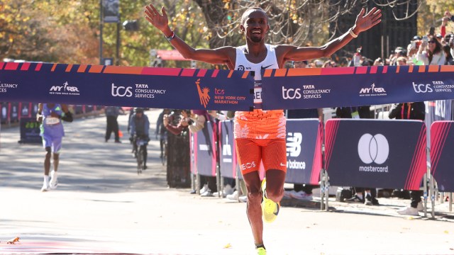 Abdi Nageeye of the Netherlands crosses the finish line on his way to winning the professional men’s division of the New York City Marathon. Mandatory Credit: USA TODAY