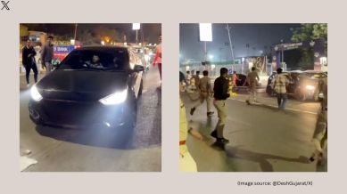 Man attempts to run over cops to avoid checkpoint in Ahmedabad (Image source: @DeshGujarat/X)