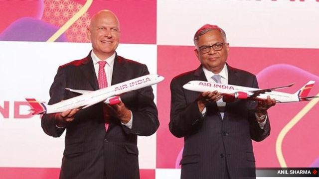 Tata Sons Chairman N Chandrashekaran (right) and Air India CEO and MD Campbell Wilson during the unveiling of Air India's caller   logo and livery colours successful  New Delhi connected  Thursday.