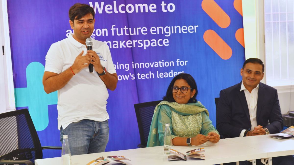Left to Right - Akshay Kashyap, India Lead, Amazon Future Engineer Program; Meenal Majumder, Founder & CEO, The Innovation Story and Abhinav Singh, VP of Operations, Amazon India. (Express Image/Amazon)