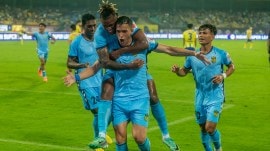 Andrei Alba of Hyderabad FC celebrates after scoring the second goal against Kerala Blasters FC during the ISL match held at the Jawaharlal Nehru Stadium in Kerala. (PHOTO: ISL Media)