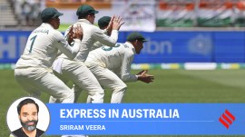 Australia's players, Usman Khawaja, left, Steve Smith, center, and Marnus Labuschagne in the slip get ready to field on the third day of the first cricket test between Australia and India in Perth, Australia. (AP)