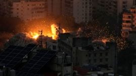 Smoke and flame rise following an Israeli airstrike on Dahiyeh, in Beirut, Lebanon, Monday, Nov. 25, 2024. (AP Photo/Bilal Hussein)