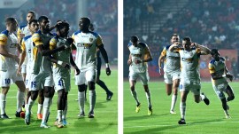 (LEFT) Chennaiyin FC players celebrating after Jamshedpur FC's Pratik Chaudhari scored an own goal; (RIGHT) Connor Shields celebrates with Chennai teammates after scoring at the JRD Tata Sports Complex, Jamshedpur on Monday. (PHOTOS: ISL Media)