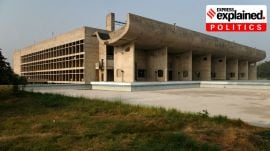The Palace of Assembly located at the Capitol Complex of Chandigarh designed by Le Corbusier, originally meant to serve as the building for Legislative Assembly of bicameral East Punjab state, with two assembly halls to serve as the lower and upper houses of the state’s legislature, currently serving as the common building for the Legislative Assemblies of unicameral Haryana and Punjab state legislatures with both occupying one hall each.