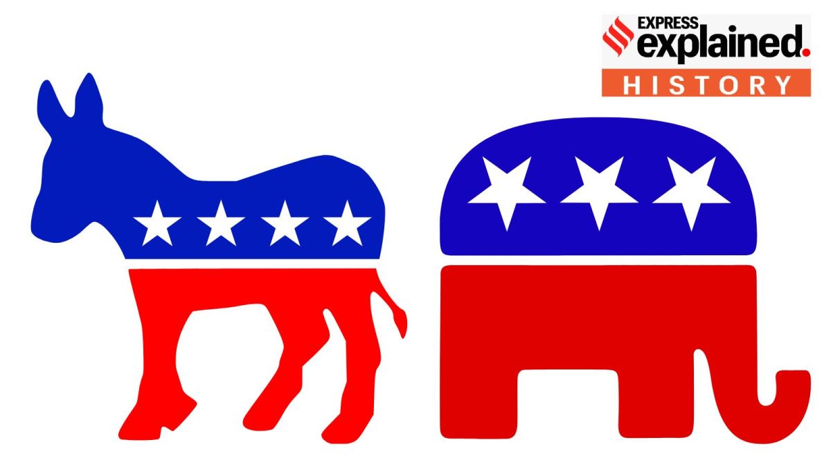 Democratic Party logo, democrat, democratic party news, democratic party donkey, Republican Party logo, Republican party, republican news, republican elephant, symbols, logos, us elections, us presidential election 2024, express explained, indian express explainers, us elections news, us election 2024, kamala harris, donald trump, current affairs,