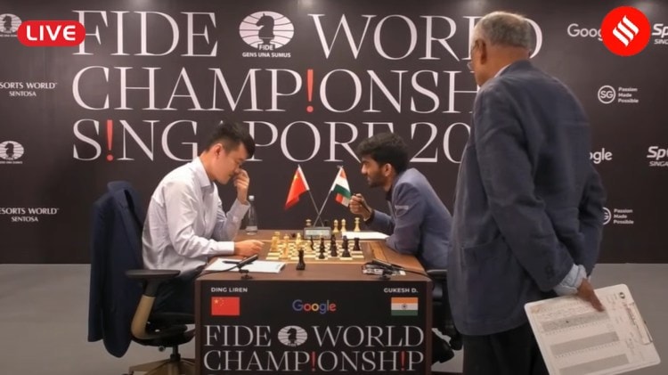 World Chess Championship 2024 Game 2 Live Updates: Game 2 of the match between Gukesh and Ding Liren ended in a draw. (PHOTO: Screengrab via FIDE YouTube)