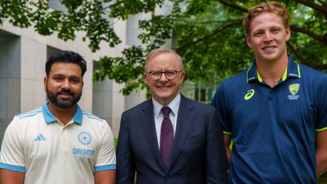 India vs Australia Prime Minister's XI match Live Streaming: India skipper Rohit Sharma poses with Australia Prime Minister Anthony Albanese and PM's XI captain Jack Edwards.