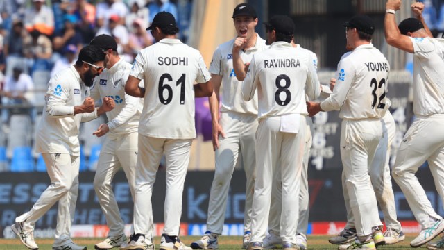 New Zealand players celebrate an India wicket on Sunday in the third IND vs NZ Test at the Wankhede Stadium. Express Photo by Amit Chakravarty