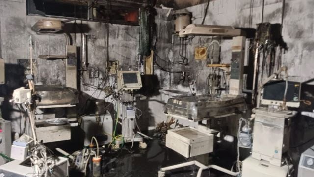 Charred remains inside the Neonatal Intensive Care Unit (NICU) are seen after a fire at the Maharani Laxmi Bai Medical College, in Jhansi district