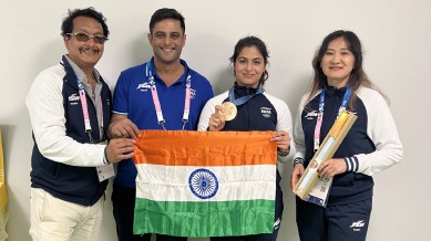 NRAI president Kalikesh Narayan Singh Deo with shooting star Manu Bhaker and her coaches after she claimed a medal at the Paris Olympics. (PHOTO: Kalikesh Singh Deo's X account)