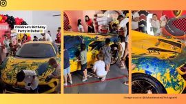 The video shows several kids painting a yellow Ferrari blue at a birthday party (Image source: @dubaielevated/Instagram)