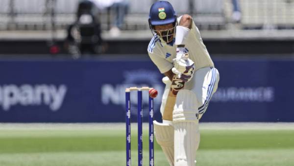 India's KL Rahul bats during play in the first cricket test between India and Australia in Perth, Australia. (AP)