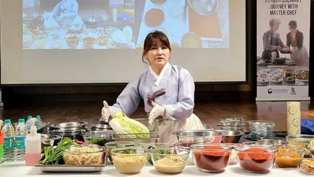 Korean chef Jang Yun Jeong hosts a 'Vegan Kimchi Making Workshop' with students of Institute of Hotel Management, Catering and Nutrition, Pusa. (PTI Photo)