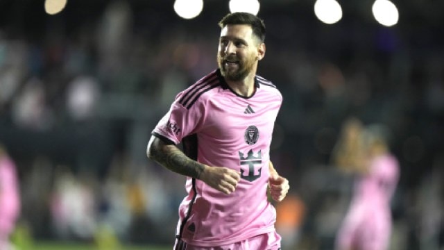 Inter Miami forward Lionel Messi reacts after scoring a goal during the second half of an MLS soccer match against the New England Revolution, Saturday, Oct. 19, 2024, in Fort Lauderdale, Fla. (AP Photo