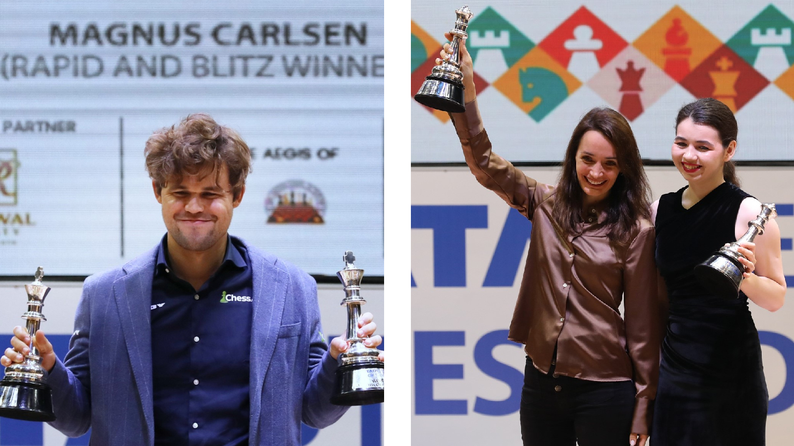 Magnus Carlsen with his rapid and blitz trophies; Kateryna Lagno and Aleksandra Goryachkina with their individual trophies at the Tata Steel Chess India tournament in Kolkata. (Express Photos by Partha Paul)