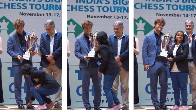 Magnus Carlsen reacts to Woman FIDE Master Bristy Mukherjee touching his feet astatine  the Tata Steel Chess India Rapid and Blitz tourney  astatine  the Dhono Dhanyo Auditorium successful  Kolkata. (Screengrabs via Tata Steel Chess India Instagram)