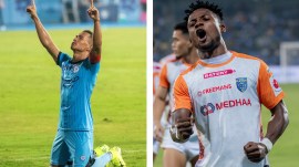 (LEFT) Lallianzuala Chhangte celebrating after scoring for Mumbai City FC; (RIGHT) Kwame Peprah celebrating after scoring Kerala Blasters' equaliser at Mumbai Football Arena on Sunday. (PHOTOS: ISL Media)