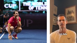 Rafael Nadal (left) gets emotional during his final match while watching video tributes; Andy Murray's video tribute. (PHOTOS: AP, Screengrab via Davis Cup X handle)