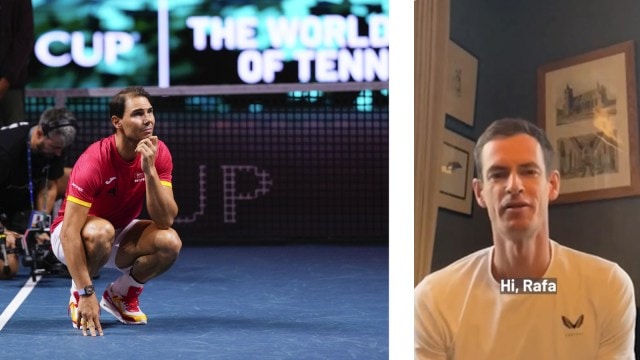 Rafael Nadal (left) gets emotional during his final match while watching video tributes; Andy Murray's video tribute. (PHOTOS: AP, Screengrab via Davis Cup X handle)