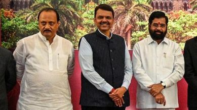 Outgoing Maharashtra CM Eknath Shinde (lef), Deputy CM Devendra Fadnavis (centre), and Ajit Pawar at Bandra East in Mumbai on 23 September 2024. (Express photo by Sankhadeep Banerjee)