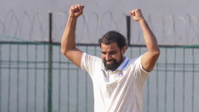 Bengal’s Mohammed Shami celebrates a wicket connected  the 4th  time  of a Ranji Trophy cricket lucifer  betwixt  Madhya Pradesh and Bengal, astatine  the Holkar Cricket Stadium, successful  Indore