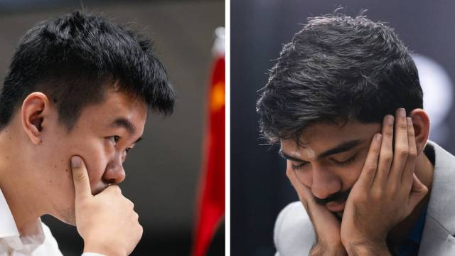 World Chess Championship: Gukesh (R) leans back and closes his eyes as Ding Liren sneaks a couple of glances at the teenager before quickly casting them downwards at the board. (Photo Credit: FIDE Flickr/Eng Chin An)