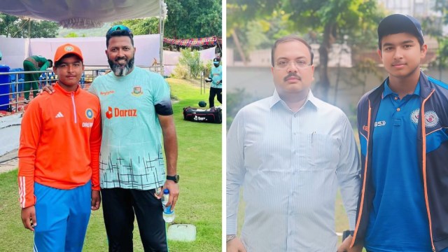 Vaibhav Suryavanshi with Wasim Jaffer (L) and Bihar Cricket Association president Ajay Tiwari (in right pic) in Patna.