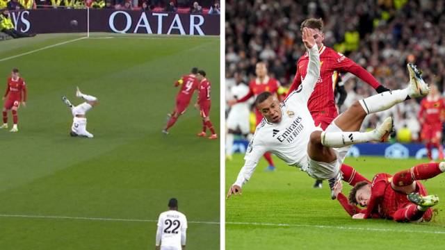 After having acceptable   the gait  initially, Mbappe was neutralised archetypal  by Conor Bradley (right pic), whose sliding tackle swept the Real Madrid talisman disconnected  his feet. (Screengrab/AP)