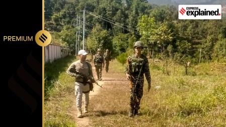 Security personnel patrol in a sensitive area of Manipur. Search operations and area domination were conducted by security forces in the fringe and vulnerable areas of hill and valley districts of the state.